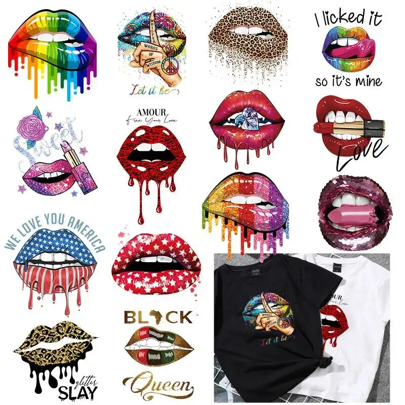 Fashion Leopard Print Lips Heat Transfer Thermal Stickers DIY Washable T-Shirts Iron On Transfer Girls Lips Patches