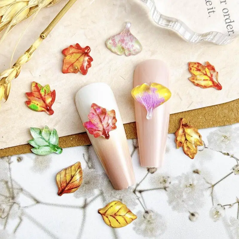 3D Resin Deciduous Mixed Nail Charms Maillard Color Maple Leaf Ginkgo Biloba Nail Art Decorations for DIY Autumn Manicure