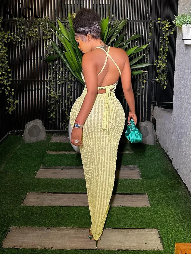 Kliou solide froncé Spaghetti sangle pansement Maxi robe femmes décontracté sans manches dos nu moulante dames fête Streetwear robes