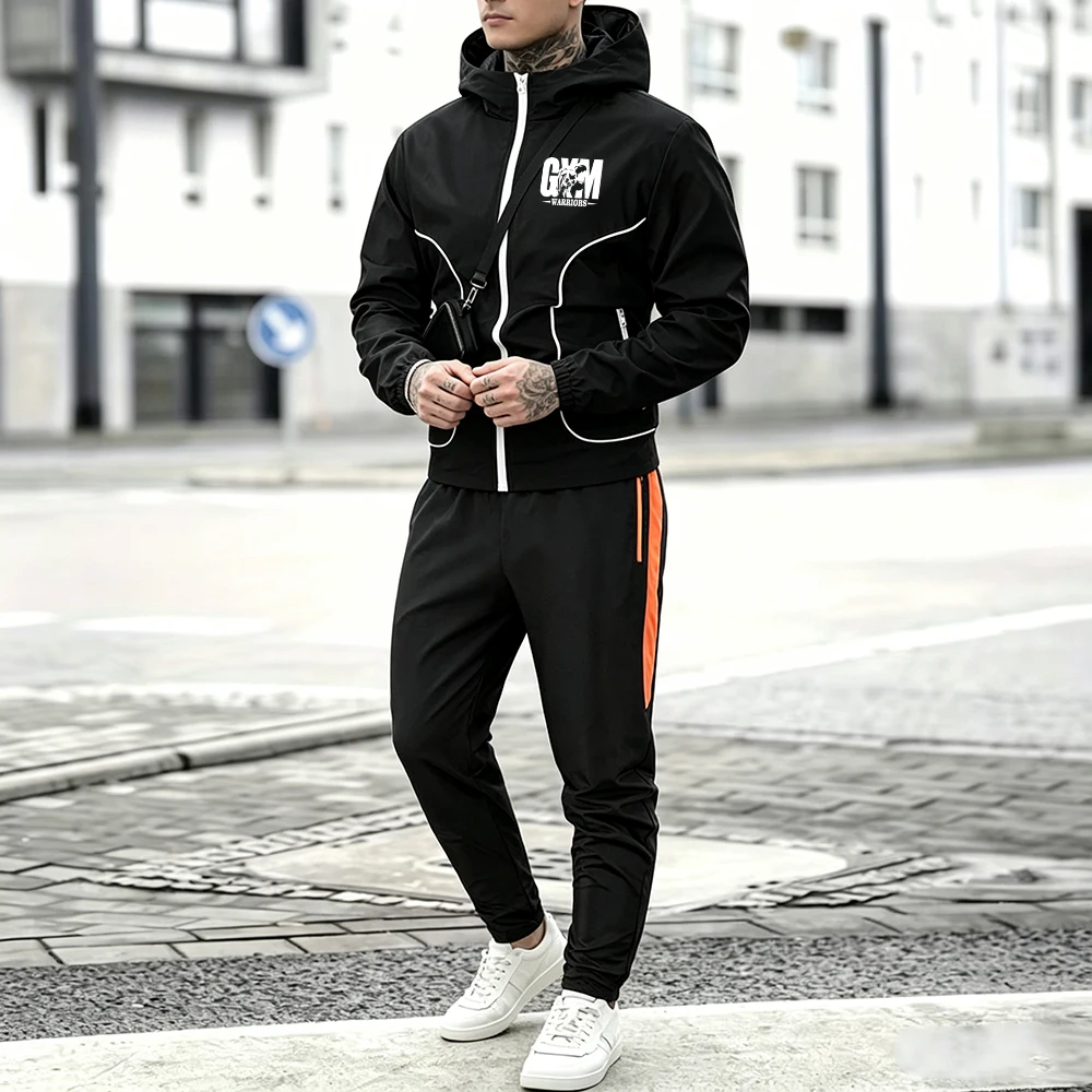 Mens Casual Tracksuit Set White Line Hooded Jacket Gym Warrior Letter Print & Side Stripe Trousers 2 Pcs Zipper Pocket Suit view 5