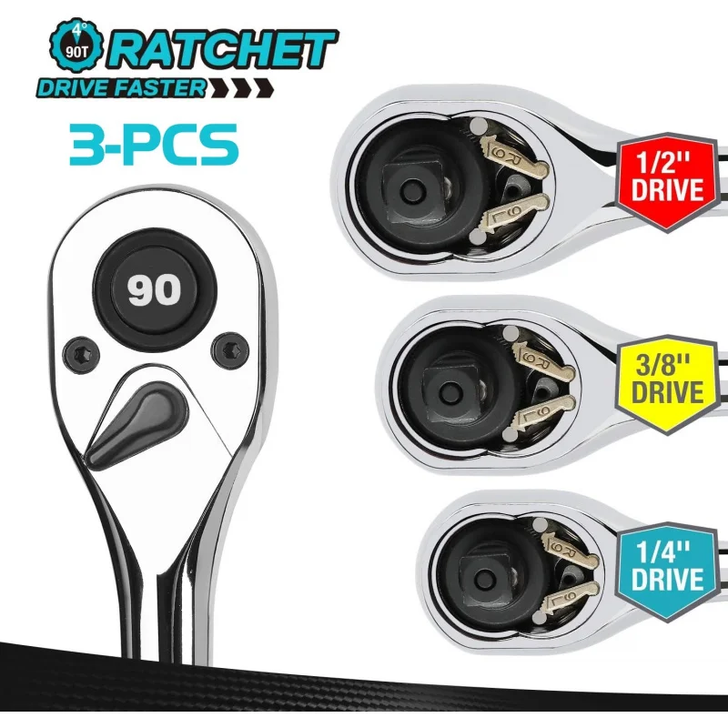 DURATECH 3-Piece 1/4" 3/8" 1/2" Drive Ratchet 90-Tooth Quick-release Reversible Cr-V Full Polished - view 2