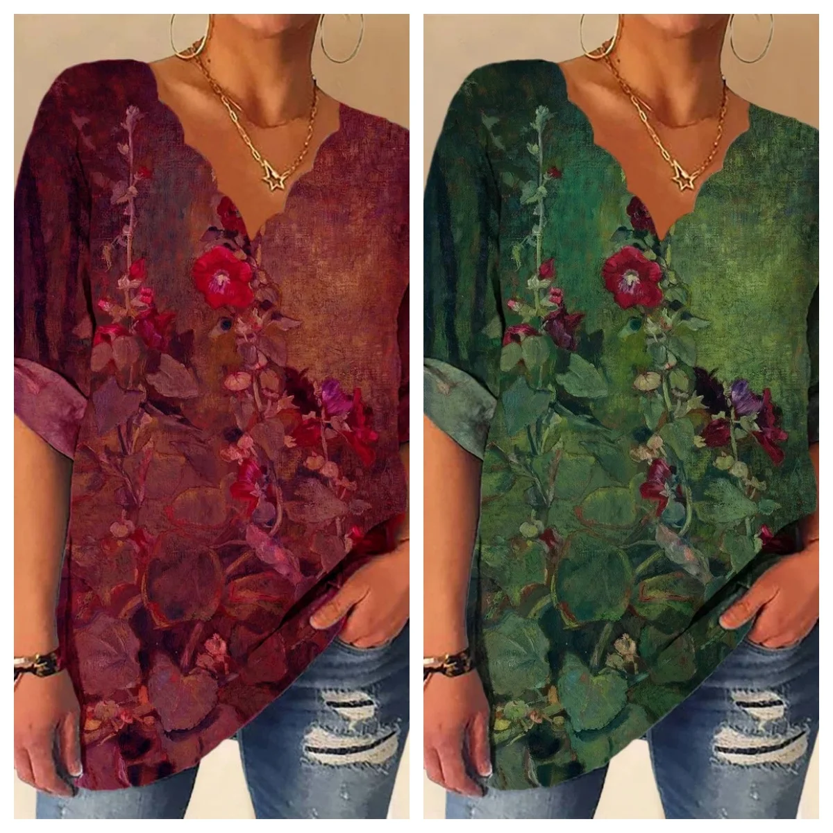 

Europe And The United States Autumn Wavy Collar Cotton Linen Vintage Printed Shirt Long Sleeve Shirt For Women