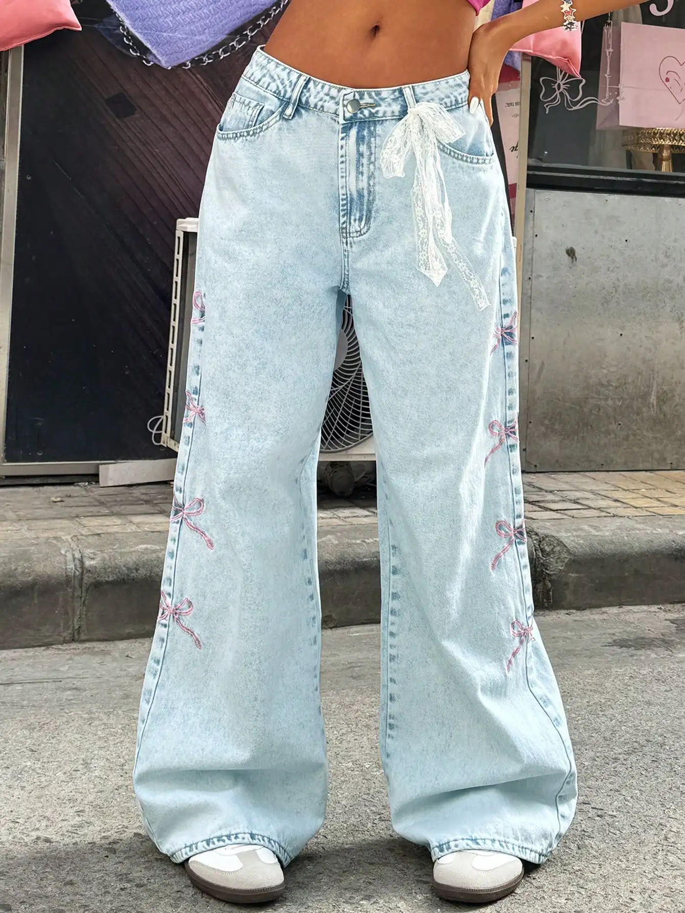 Women's High  Waisted Wide  Leg Jeans 2025 Trendy Bow  Embroidered Button Front Non  Ripped Denim Fabric Full  Length Pants
