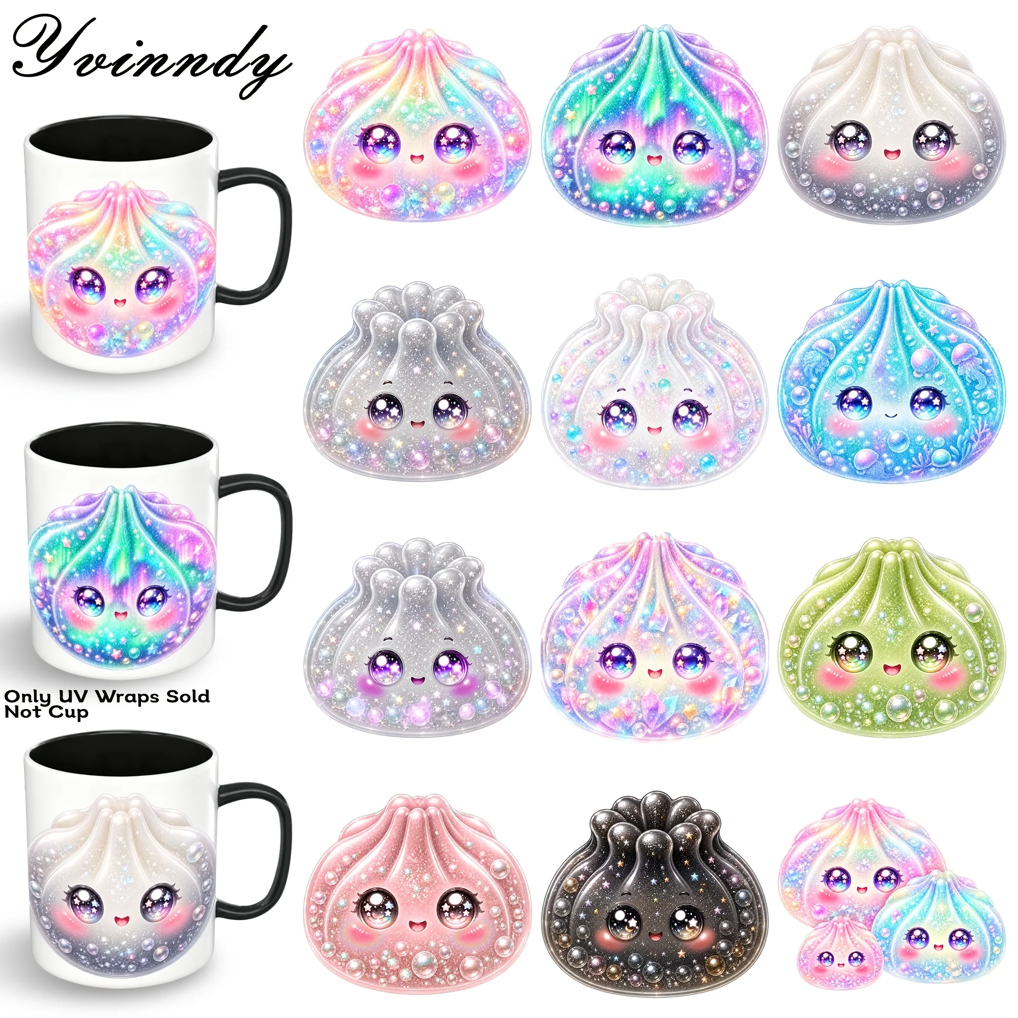 12Pcs/Set Pearl glitter cartoon xiaolongbao Glass Jar Packaging Stickers UV DTF High Self Adhesive Transfer Paper