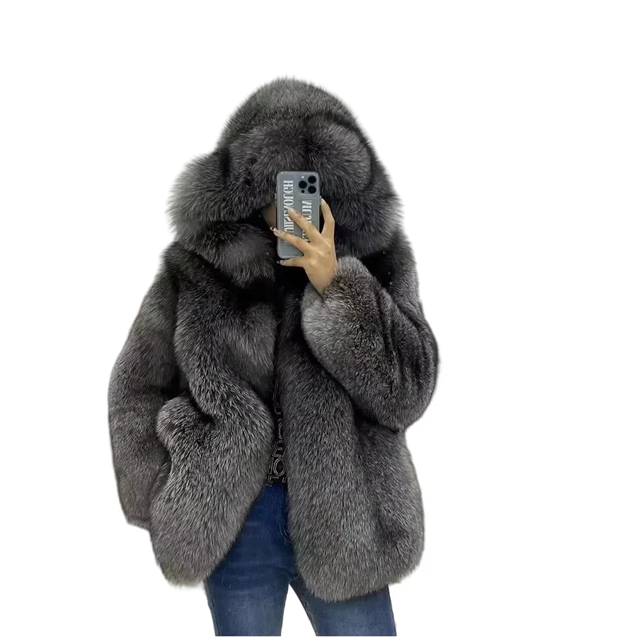 Real Fox Fur Coat Women Luxury Fox Fur Jacket With Hood Silver Fox