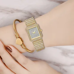 MISSFOX Luxury Gold Women's Watches Fashion Hip Hop Iced Diamond Jewelry Waterproof Square WristWatch Ladies Gift Free Shipping