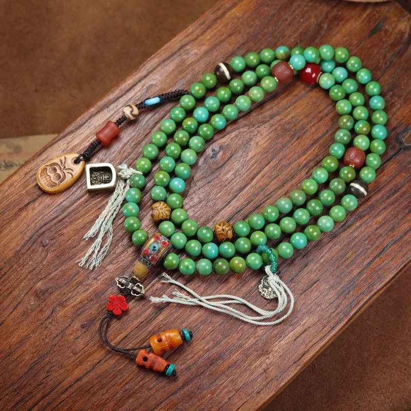 Tibetan-style yellow turquoise multi-loop bracelet, Buddhist bead chain, magnesite DIY beads, camel bone three-way connector acc