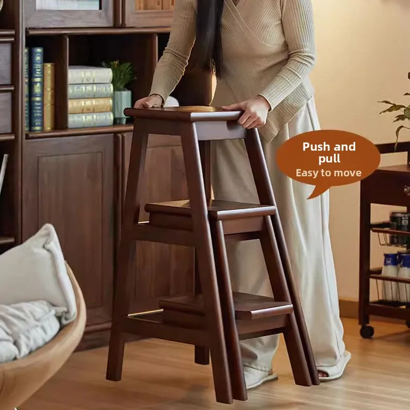 Foldable Wooden Step Stool Two-Step Indoor Ladder Durable Anti-Slip Wide Pedal Solid-Wood Climbing Stool Space-Saving Design