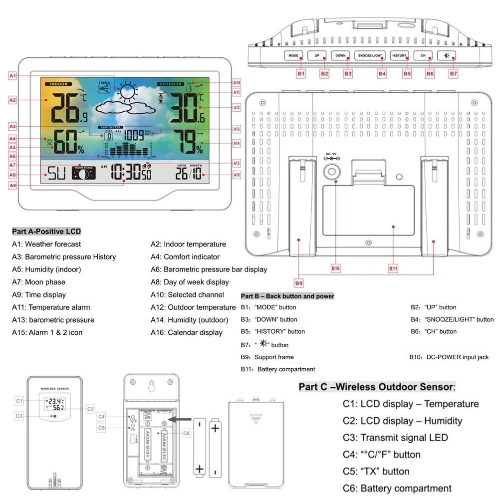 Multifunctional Wireless Weather Station Forecaster Indoor Outdoor Thermometer Hygrometer with Sensor Color Screen Alarm Clock