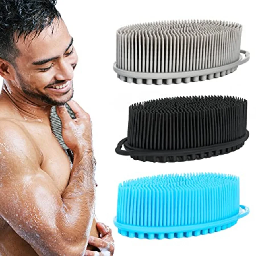 Set of 3 Silicone Body Scrubber Loofah Soft Exfoliating Body Bath Shower Scrubber Loofsh Brush Black+Gray+Blue 010