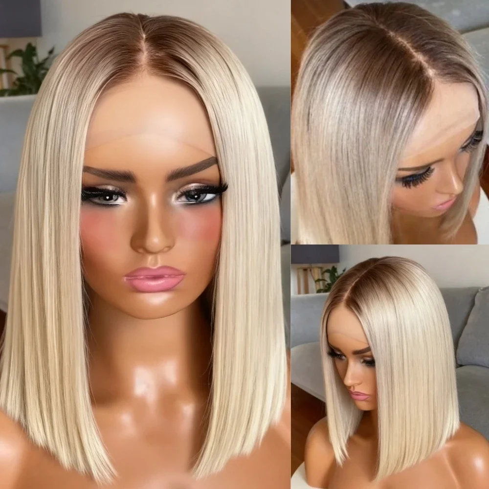 

Bob Straight Lace Front Wigs Human Hair for Women 13x4 Hd Ombre Brown Roots Ash Blonde Lace Front Wigs Glueless Wig 250% Density