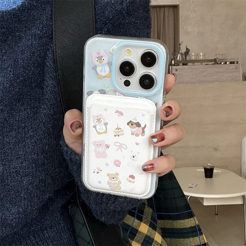 Kawaii Magnetic Stand Phone Case For iPhone 16 15 Pro 13 14 Pro Max Cover with Magsafe Card Holder Cases Cute Puppy Funda 16pro