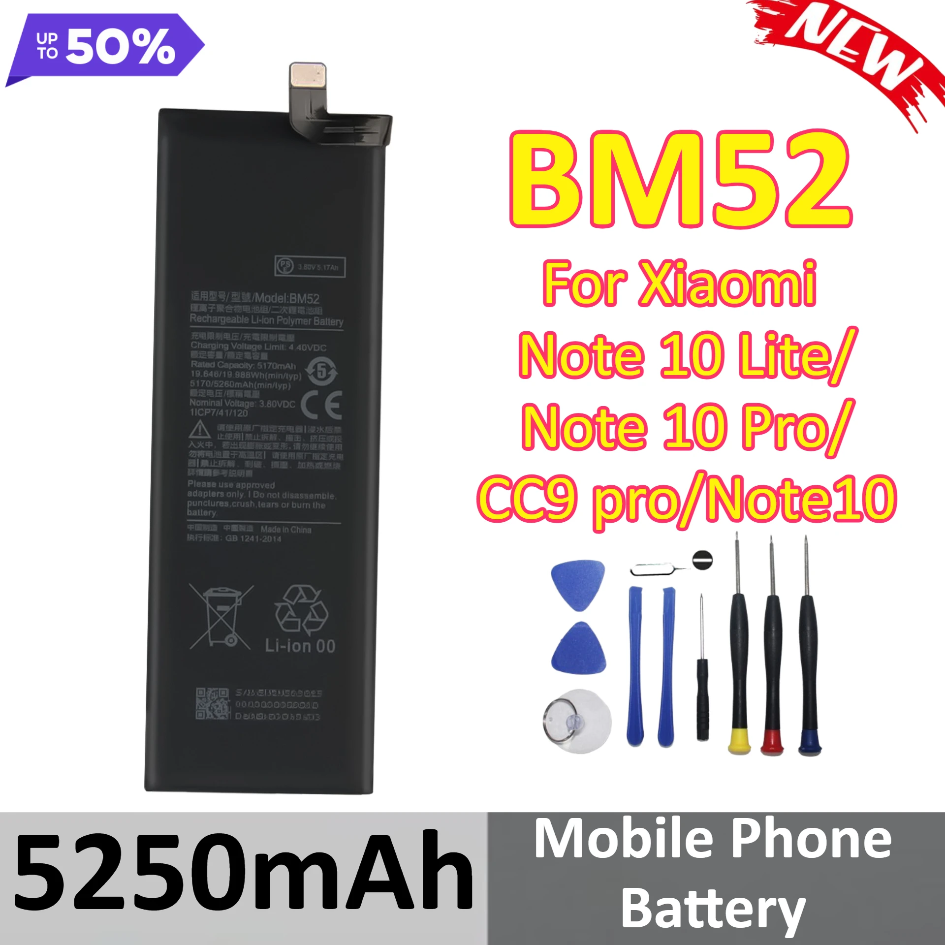 بطارية 5250 مللي أمبير في الساعة BM52 لهاتف Xiaomi Note 10 Lite Note10 Note 10 Pro CC9 Pro بطارية الهاتف المحمول + أدوات #1