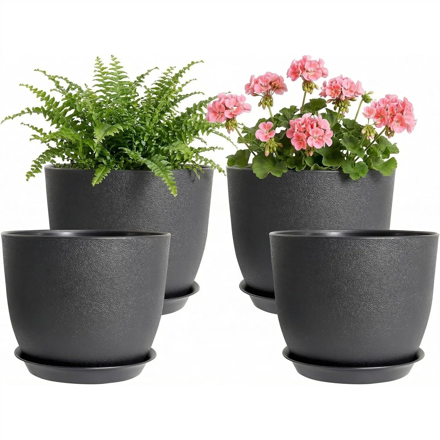 

8 Inch Plastic Plant Pots Set of 4 with Drainage Holes and Trays for Indoor Outdoor Plants