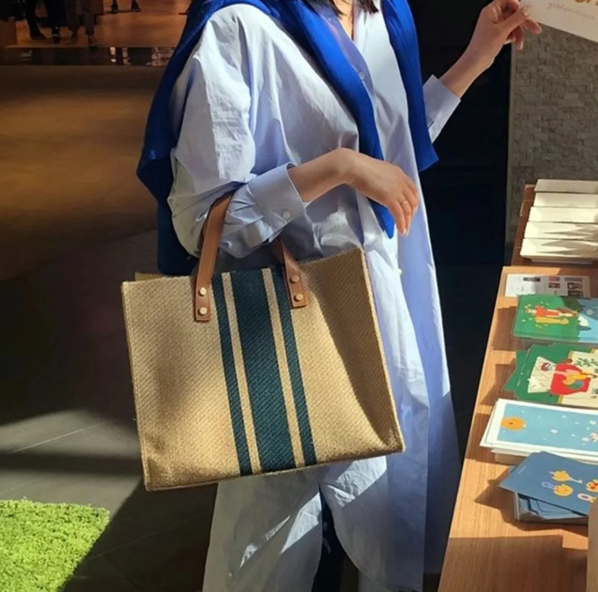 Women Korean Striped Canvas Bag Large Capacity Shoulder Handbag Office Briefcase image 2