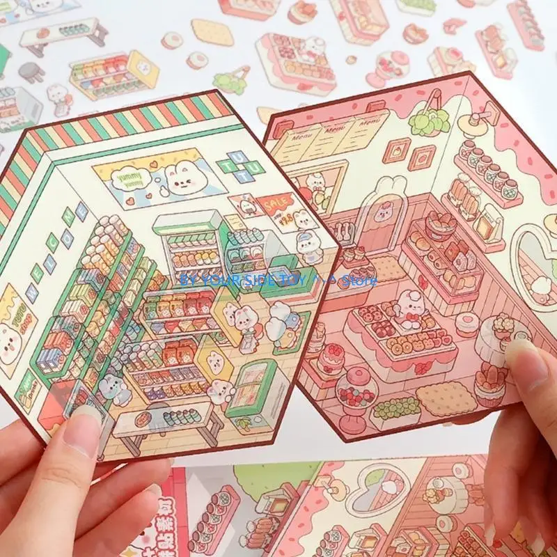 

Delicate Rabbits Theme Supermarket/Dessert Shop Visual Stacking Stickers House Miniature Landscape Stickers U6XE
