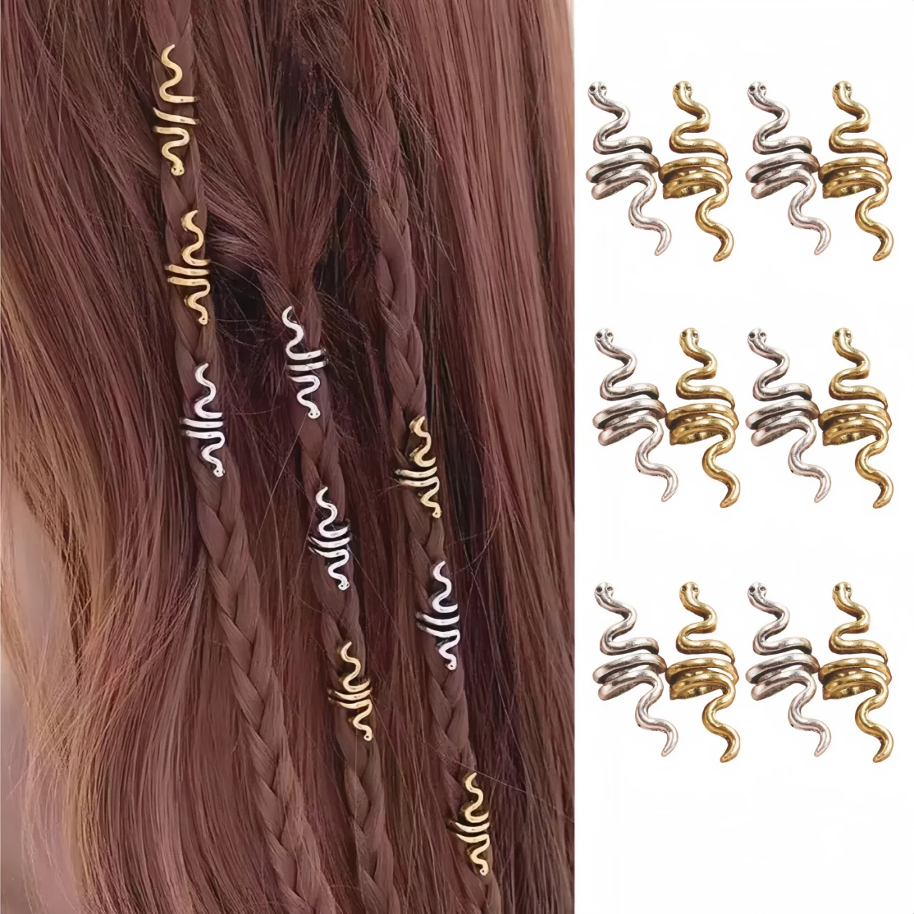 

9Pcs Metal Dreadlock Beads Spring Snake Design Hair Cuffs Rings Adjustable Hair Jewelry for Braids Dreadlocks Accessories