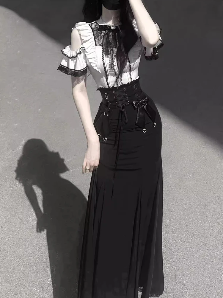 

Fashionable Slimming Two-Piece Set Women's Summer 2025 Short Sleeve Shirt Half-length Fish-tail Long Skirt Ensemble Polyester...