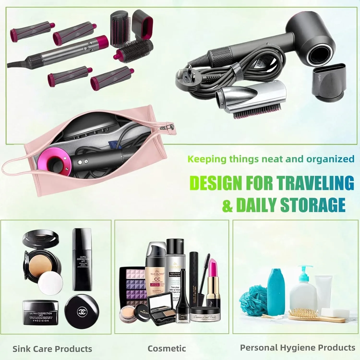 PU Leather Waterproof Travel Storage Bag, Portable Carrying Case Organizer Compatible with Dyson Airwrap, Curling Iron Accessory