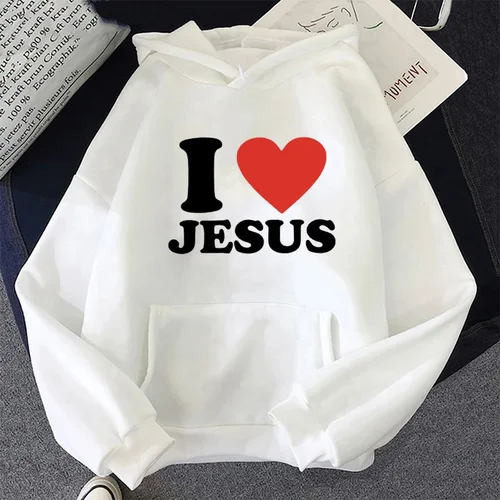 Imagen 2 del producto Sudadera con capucha con estampado I Love Jesus para mujer, sudaderas informales simples Vintage a la moda Y2K, jersey de manga larga de lana para otoño e invierno