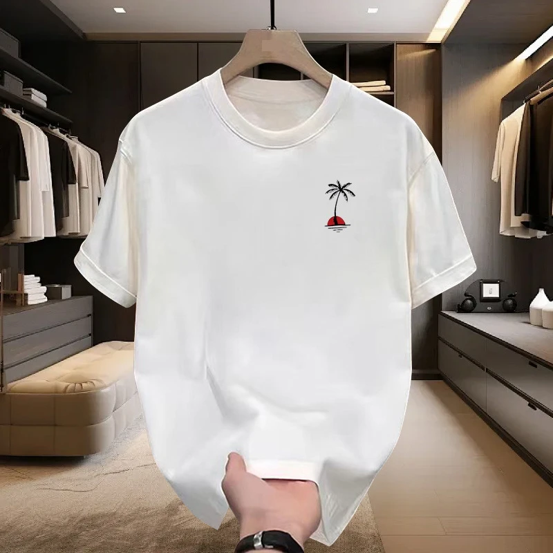 2026Men Women Heather Short Sleeve Tee Minimal Palm Tree Sunset Graphic Print On Chest Loose Fit Everyday Wear Crew Neck T-shirt