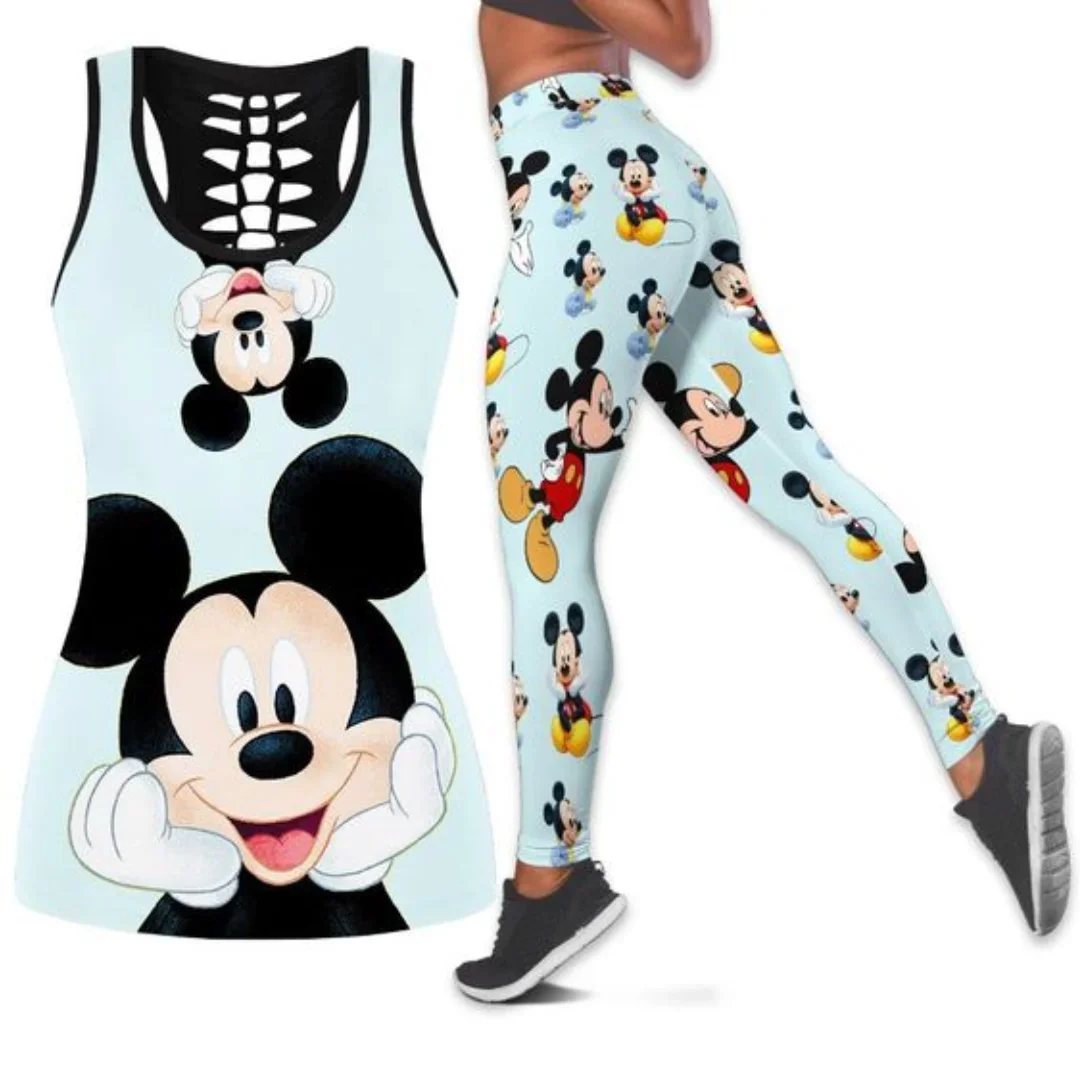 

2024 Mickey Mouse Women's Hollow Vest Women's Leggings Yoga Suit Fitness Leggings Sports Suit Disney Tank Top Legging Set Outfit