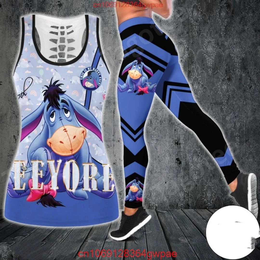 Disney Eeyore Women's Hollow Vest + Women's Leggings Yoga Suit Fitness Leggings Sports Suit Winnie the Pooh Tank Top Legging Set