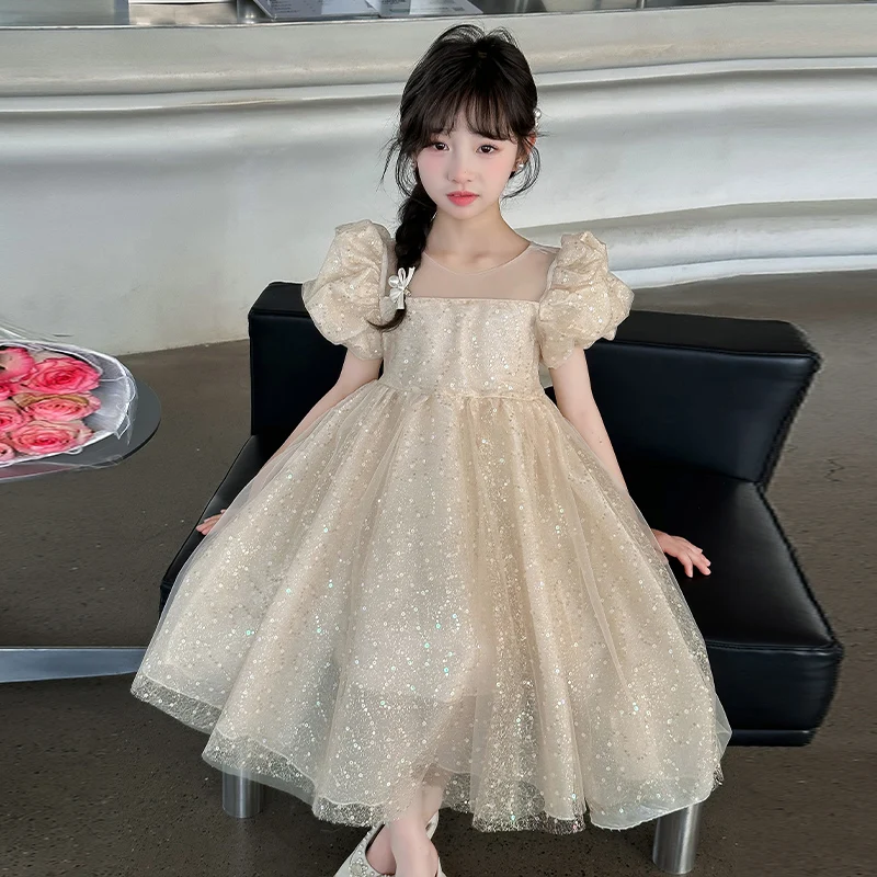 

2024 new summer girls' bubble sleeves sequined princess dress high-end fabrics foreign girls' performance clothes daily dress