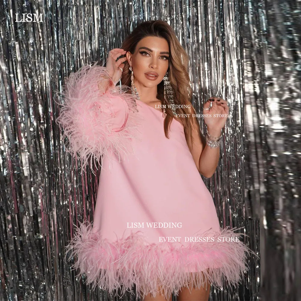 

LISM 2024 Simple Pink Short Prom Party Dresses Saudi Arabic One Shoulder Full Sleeve With Feathers A-Line Mini Evening Gowns