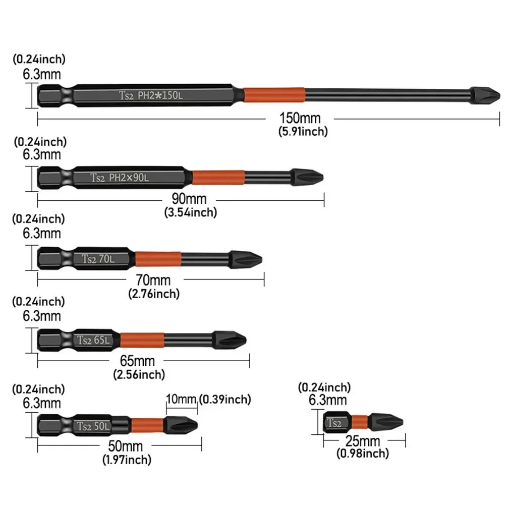 6PCS PH2 Screwdriver Bit Set 25-150mm 1/4" Hex Shank Phillips Magnetic Batch Head Screwdriver Drill Bits
