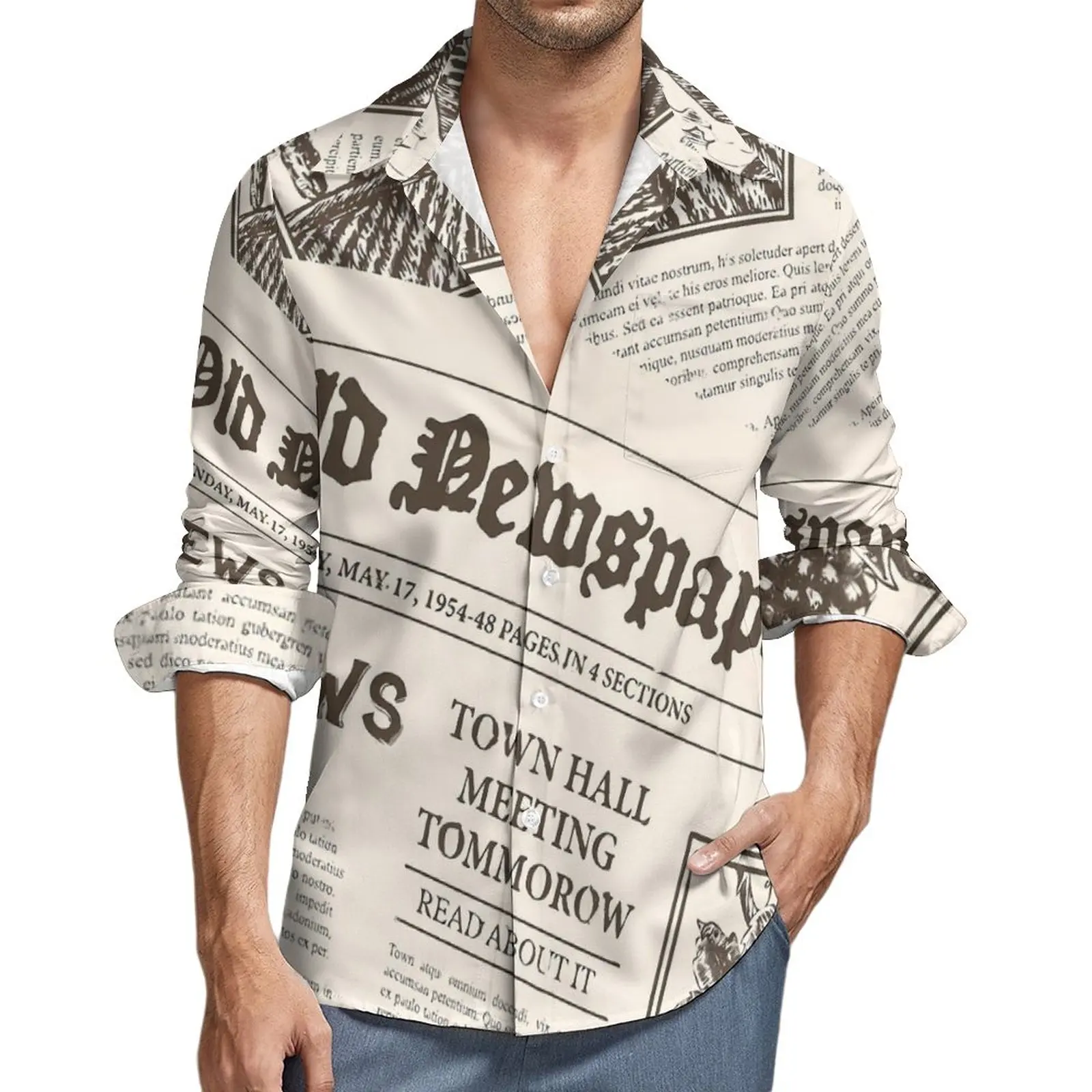 Camisa con estampado de periódico Y2K para hombre, camisas casuales de publicidad Vintage, blusas personalizadas de manga larga, ropa fresca de gran tamaño, regalo de otoño