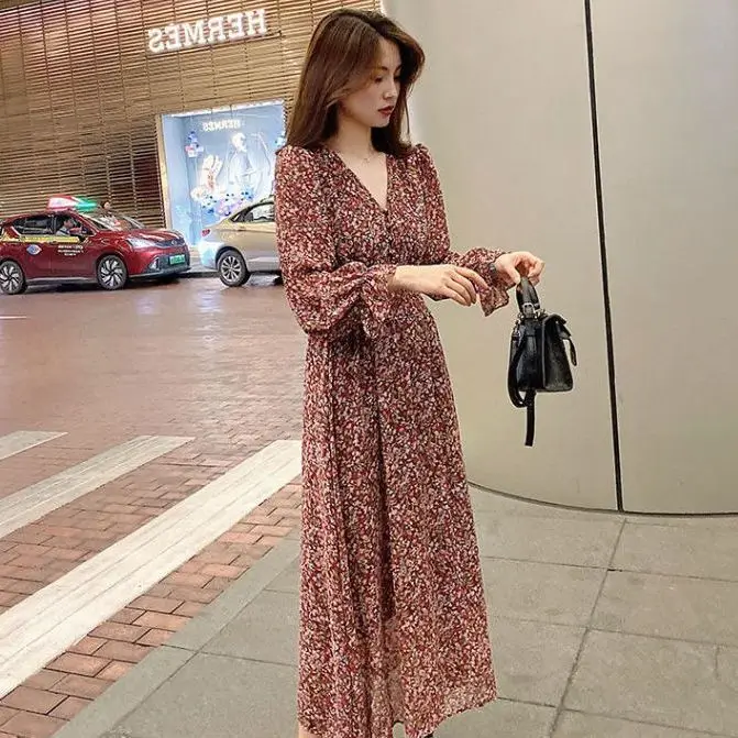 Floral Dress with Fashionable Long Sleeves Vintage Style Slimming Print Fairy Long Skirt Super Fairy New Minimalist Dresses