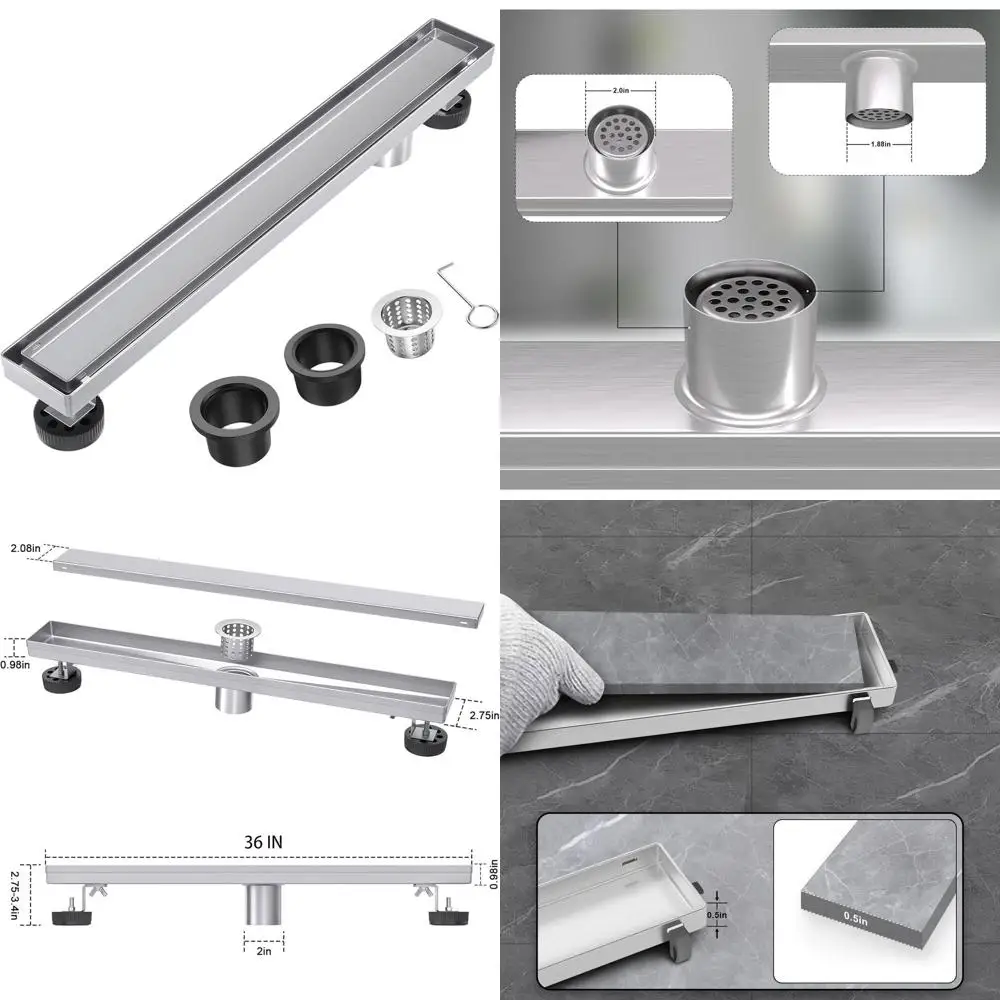 

36-Inch Linear Shower Drain with Tile Insert Grate and Hair Strainer in Brushed Nickel Finish
