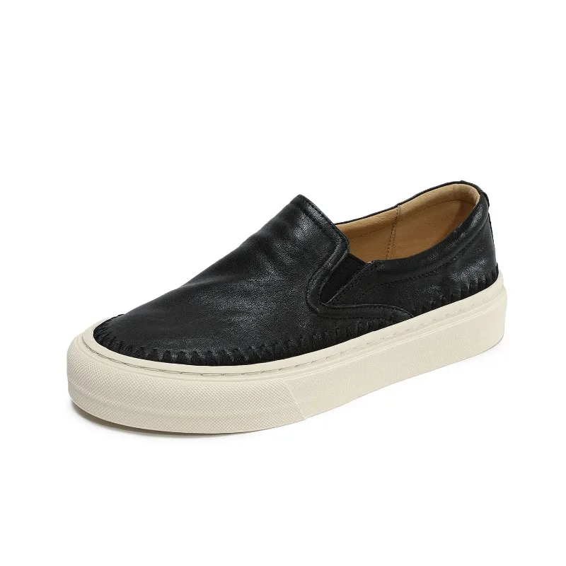 

3cm Genuine Leather Round Toe Flats Women's Slip-On Casual Shoes Flat Heel Seasonless Stylish Elegant Versatile Easy To Wear