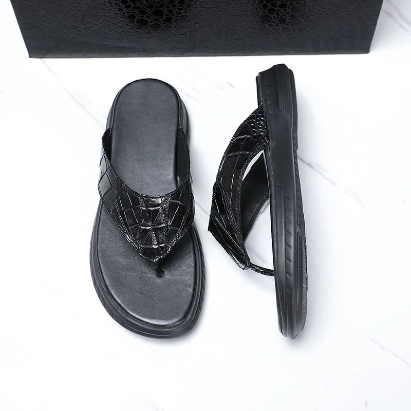 Authentic Real True Crocodile Skin Men Casual Black Flip  display picture 1