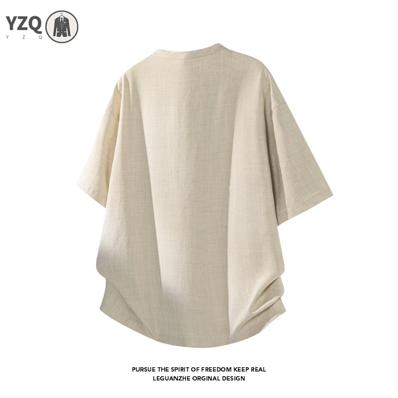 Mens Oversized Loose Short Sleeve Top Mandarin Henley Collar Linen Blend T‑Shirt For Outdoor Walking Shopping Daily Relax Outfit view 5