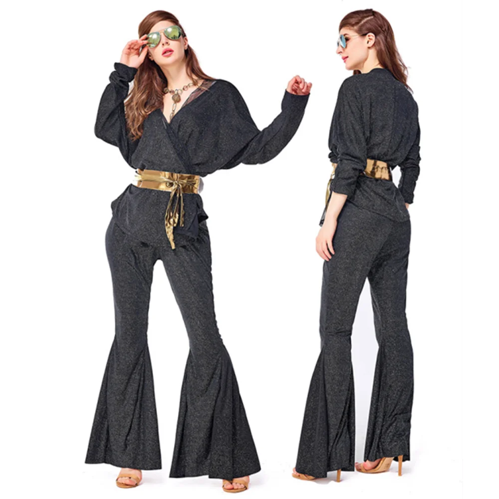 Vintage Rock Disco Singer Costumes Women Halloween 70s 80s Hippie Women Wrap Top Bell Bottom Set Glitter Black Dancing Outfit