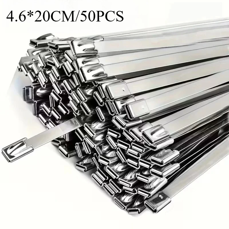 

50Pcs 20CM Stainless Steel Zip Ties, Rustproof Heavy Duty Cable Ties for Automotive Machinery Outdoor