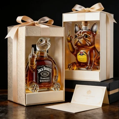 Set de Regalo de Humor para Adultos: Decantador de Whisky con Diseño de Pato con el Dedo Medio y Vasos con Detalles de Tortuga y Perro