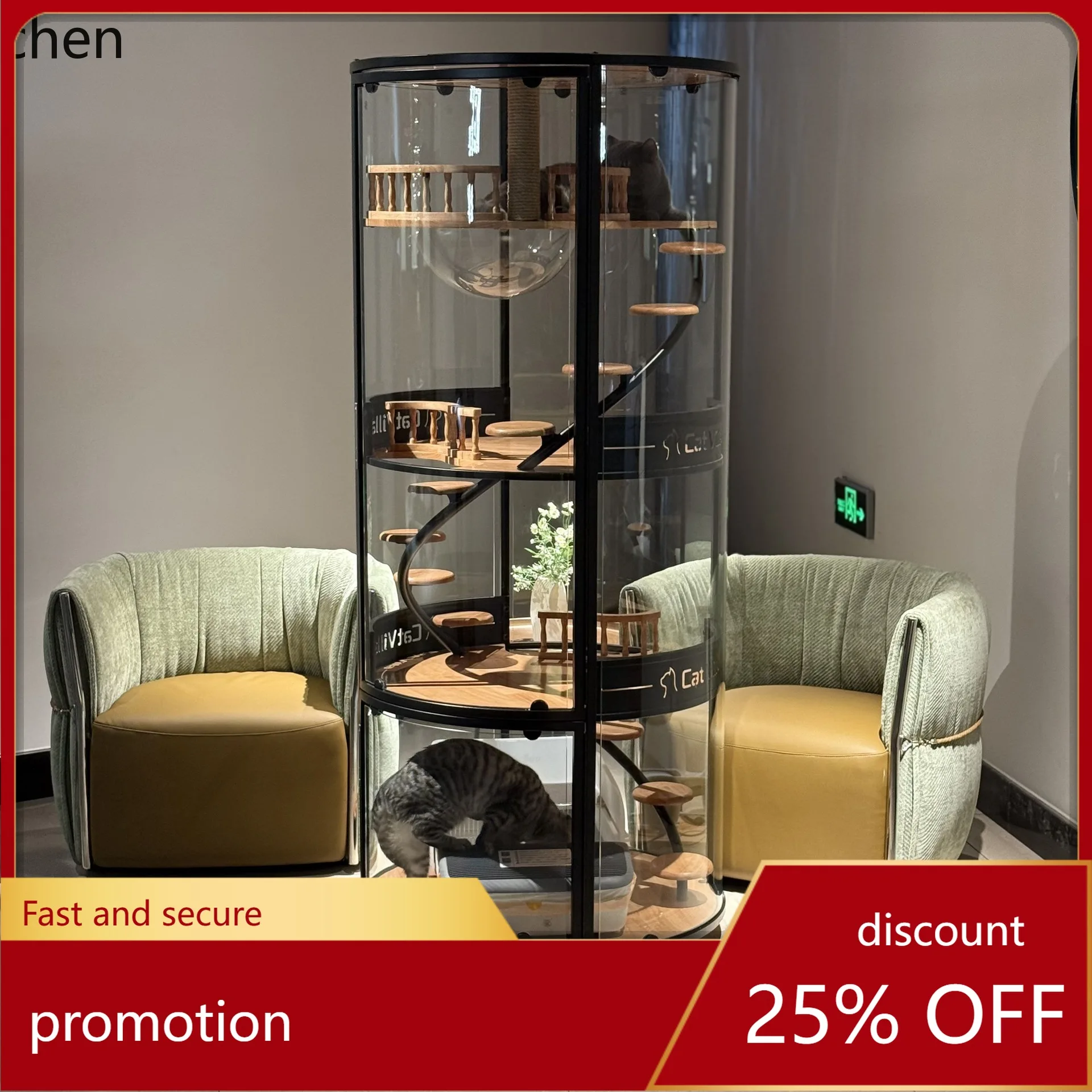 ZMLPanoramic Glass Round Cat House Rotating Cat Climbing Frame Mobile Cat House Display Cabinet