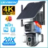 LS VISION 야외 와이파이 태양광 카메라, 4G SIM 카드, 듀얼 스크린 PIR 감지, 자동 추적 CCTV 보안 카메라, 4K 20X 줌 1