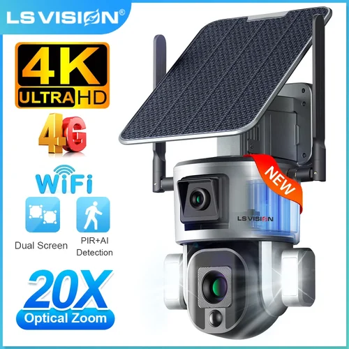 LS VISION 야외 와이파이 태양광 카메라, 4G SIM 카드, 듀얼 스크린 PIR 감지, 자동 추적 CCTV 보안 카메라, 4K 20X 줌