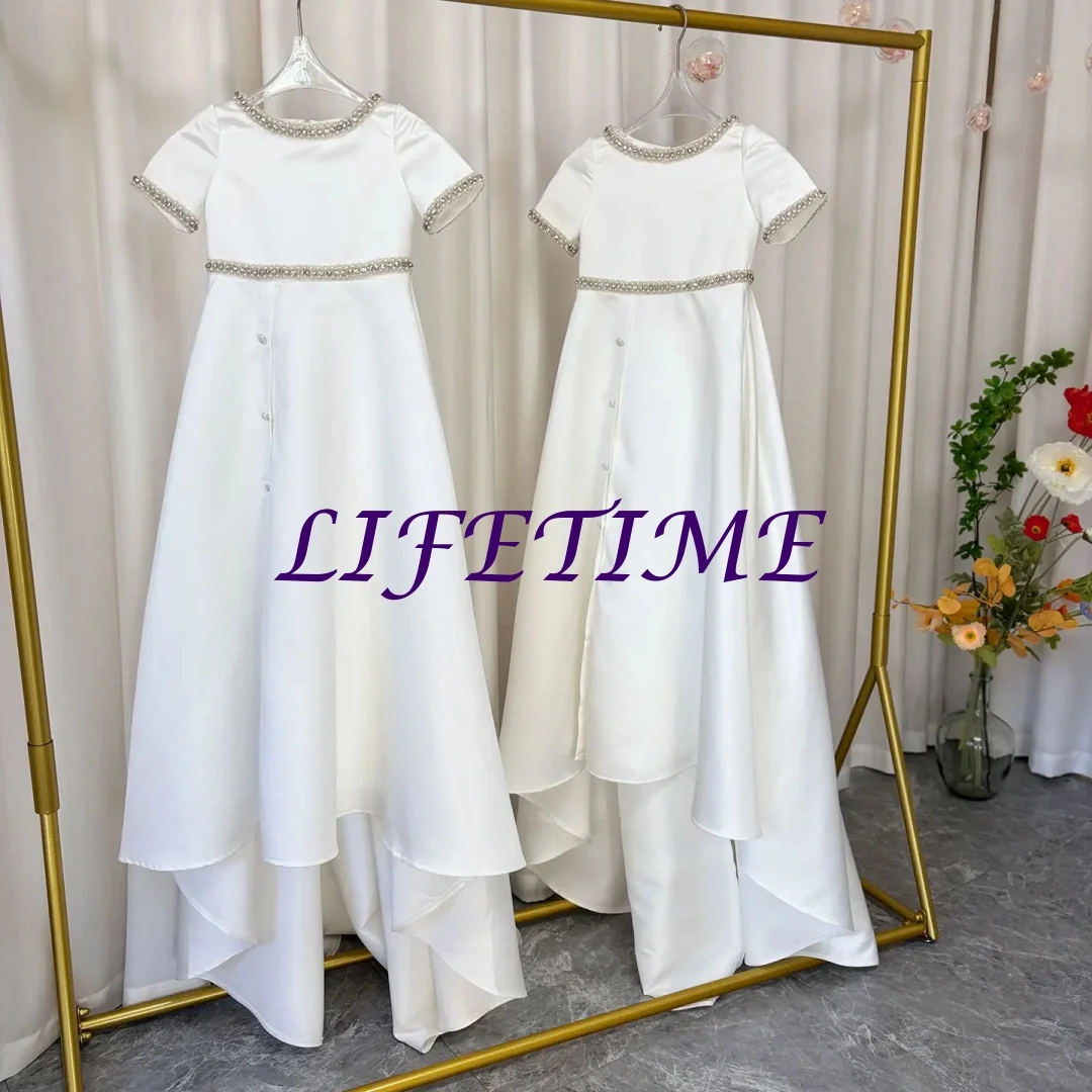 

Элегантное белое атласное платье с жемчугом для девочек по индивидуальному заказу, детское платье принцессы с шлейфом в Дубае, для свадьбы, дня рождения, первого причастия