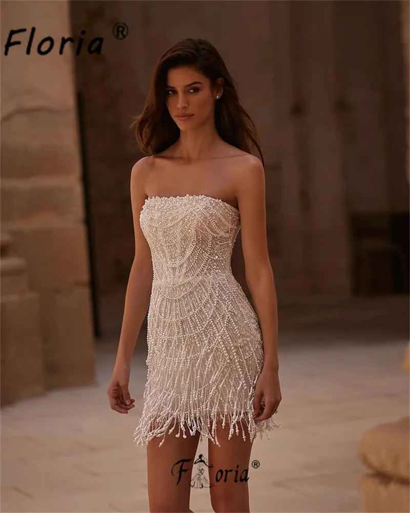 

Couture Fully Beaded Tassel Short Cocktail Dresses Sexy White Pearls Mini Birthday Party Dress Customized vestidos de coquetel