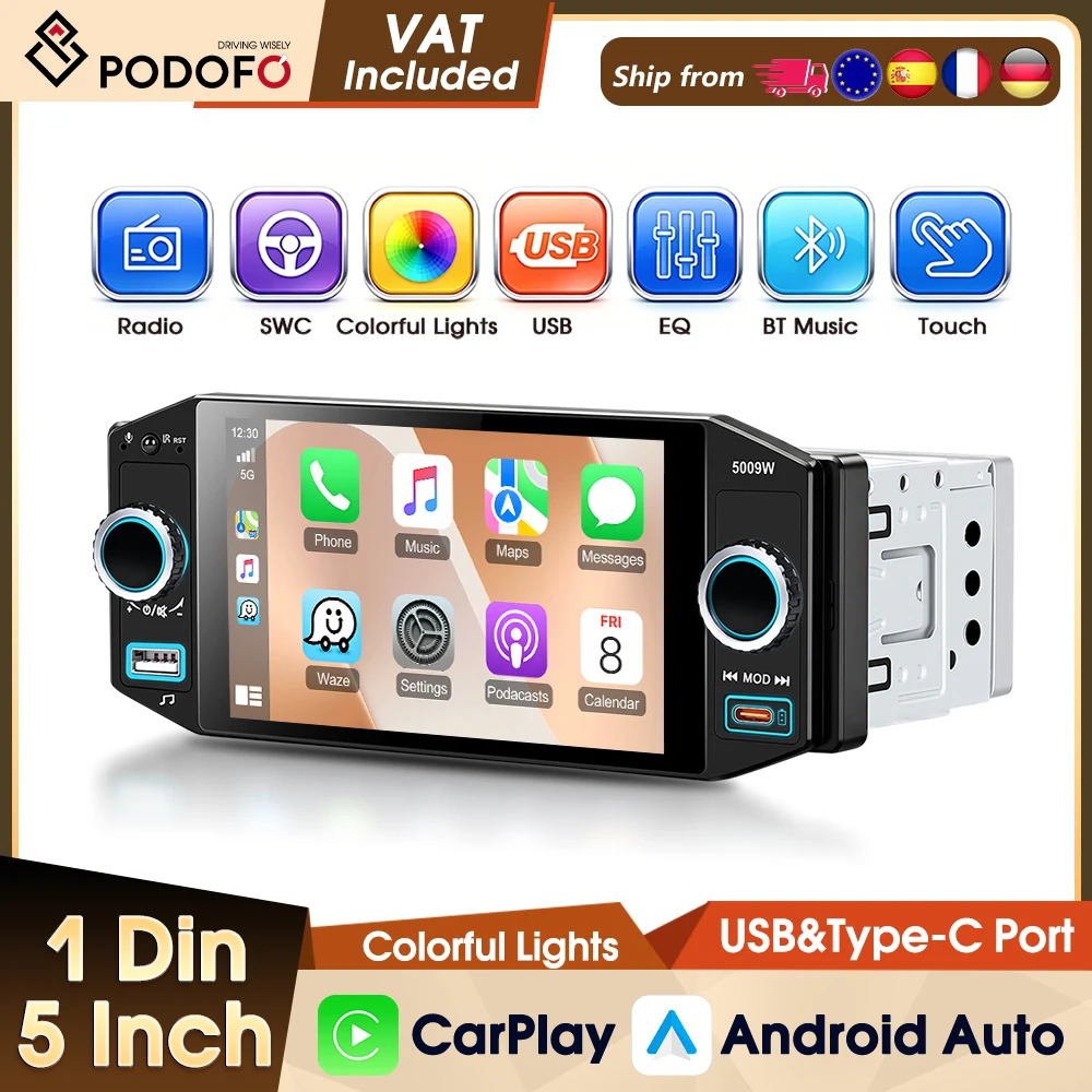 Podofo 5-Zoll Universal-Autoradio mit FM AM RDS IPS-Bildschirm, Kabelloses CarPlay, Android Auto, Intelligente Systeme, Lenkradfernbedienung, Auto-MP5-Player