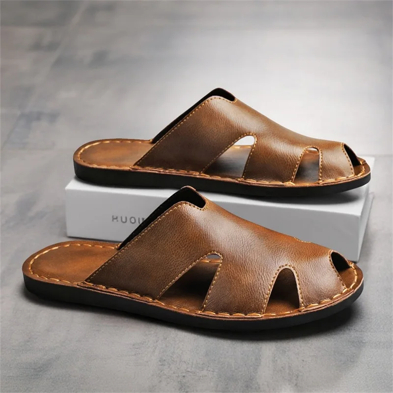 2026 New Men's Sandals Thick Bottom Rubber Breathable Casual Slip-On Beach Shoes Leather