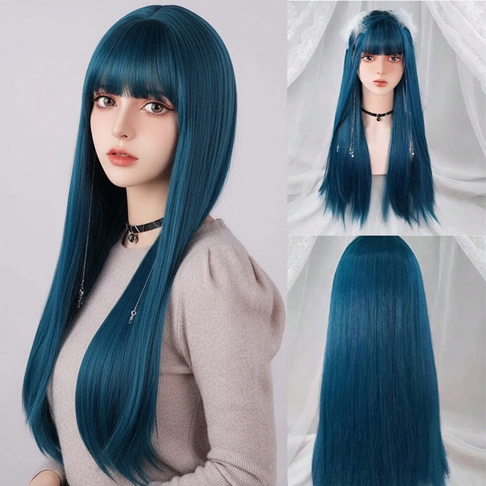 

Длинный прямой сине-зеленый синтетический парик с челкой для женщин, повседневный косплей, Лолита Юруань, вечерние накладные волосы, термостойкие