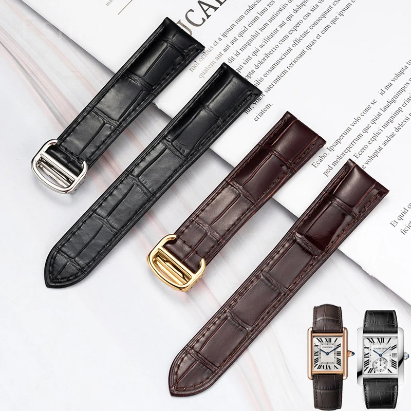 Ремешок для часов из натуральной кожи для Cartier Tank, мужской и женский танк, оригинальный кожаный слой на голову, стальная пряжка, черный, коричневый