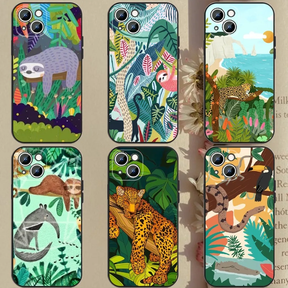 Cartoon Anime Sloth Leopard Phone Case For Apple iPhone 15,14,13,12,11,XS,XR,X,8,7,Pro,Max,Plus,mini Silicone Black Cover