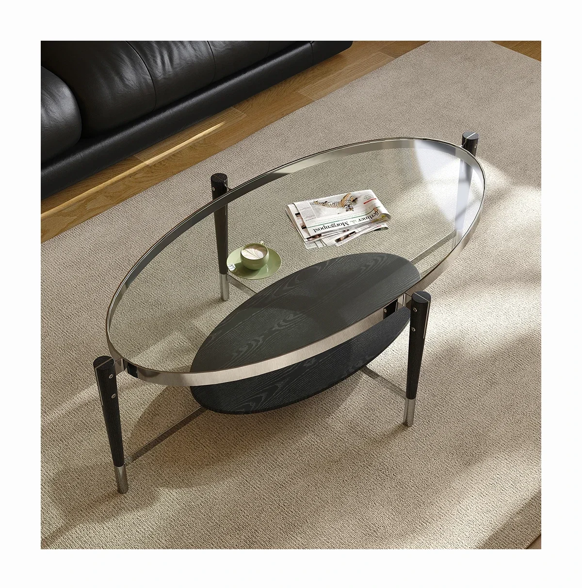 A Medieval style office glass coffee table stainless steel living room household light luxury oval small coffee table new